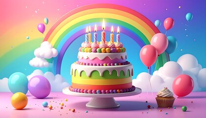 Colorful birthday cake scene with rainbow and balloons