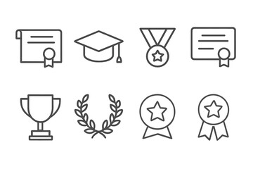 Academic Awards Icons. Outline icon set of academic awards: diploma, graduation cap, medal, certificate, trophy cup, laurel wreath, star badge, scholarship