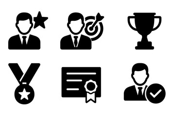 Fototapeta premium Manager Performance Icons. Solid, filled icon set of manager performance: success, target, growth, trophy, medal, certificate, achievement, review. [Line icons