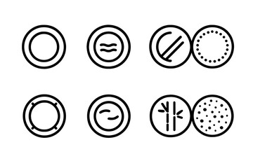 Variety Plate Icons. Solid, filled icon set of plate materials: porcelain plate, ceramic plate, glass plate, plastic plate, metal plate, wooden plate, bamboo