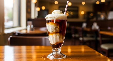 A tall glass of ice cream float featuring creamy vanilla ice cream scoops floating in fizzy dark soda, served with a straw in a cozy, warmly lit diner setting, perfect for a nostalgic treat.

