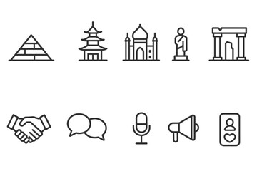Fototapeta premium Cultural Icons Outline. Outline icon set of cultural landmarks: pyramid, pagoda, cathedral, mosque, statue, ancient ruin, castle, bridge. Line icons in only