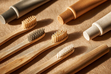 Naklejka premium Bamboo toothbrushes and storage tubes on plain background
