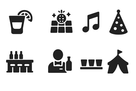 Tequila Party Icons. Solid, filled icon set of tequila party and events: party glass, dance floor, music note, celebration hat, bar counter, bartender, shot