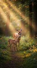 A serene forest scene featuring a doe and her fawn, bathed in soft sunlight and surrounded by vibrant wildflowers.
