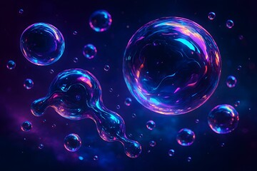 Abstract Floating Bubbles with Vibrant Neon Colors in Dark Space