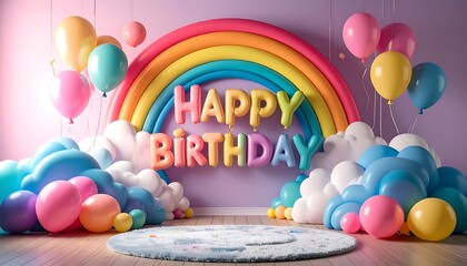 Colorful birthday scene with rainbow and balloons