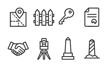 Property Ownership Icons. Outline icon set of property and ownership: land plot, fence, key, contract, handshake, surveyor tools, monument, boundary marker.