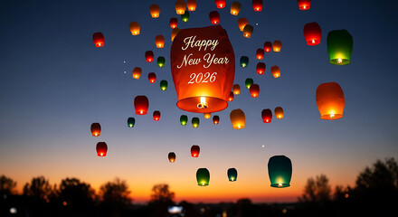 Sky lanterns floating at dusk with happy new year message