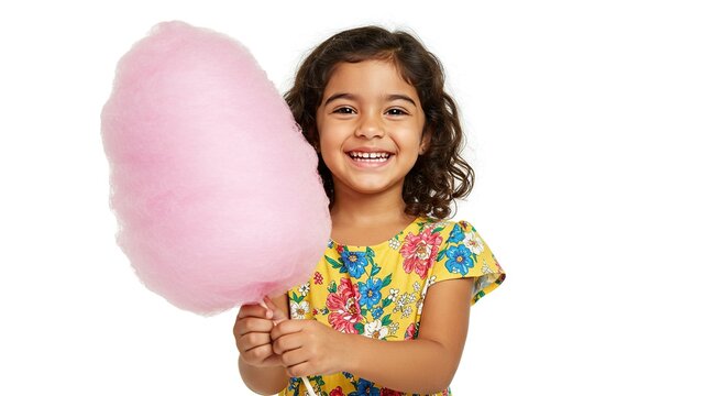 Happy young girl holding sweet pink cotton candy isolated on white background - Powered by Adobe