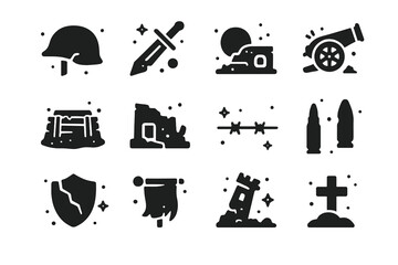 War Relics Icons. War remains. Solid icons set of broken helmet, rusted sword, cannonball, destroyed cannon, abandoned trench, ruined bunker, barbed wire,