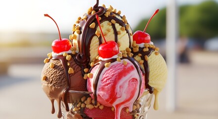 Decadent Ice Cream Sundae with Chocolate Drizzle, Cherries, and Nuts – A Tempting Summer Dessert Treat for Sweet Tooth Lovers and Festive Celebrations

