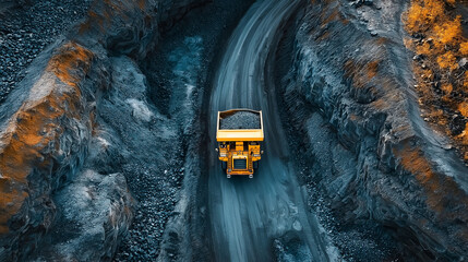 Overhead shot of excavator among navy blue and orange rocks with cinematic lighting