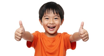Excited young boy giving two thumbs up gesture isolated on white background happy gesture