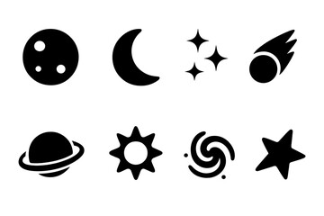 Celestial Icon Set. Solid, filled icon set of mystical celestial bodies: full moon, crescent moon, star cluster, comet, planet, sun, galaxy spiral, shooting
