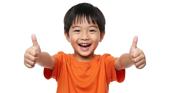 Excited young boy giving two thumbs up gesture isolated on white background happy gesture