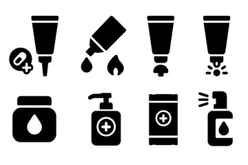 Medicated Topical Icons. Solid, filled icon set of medicated topical treatments: antibiotic cream, hydrocortisone ointment, antifungal cream, burn relief gel,