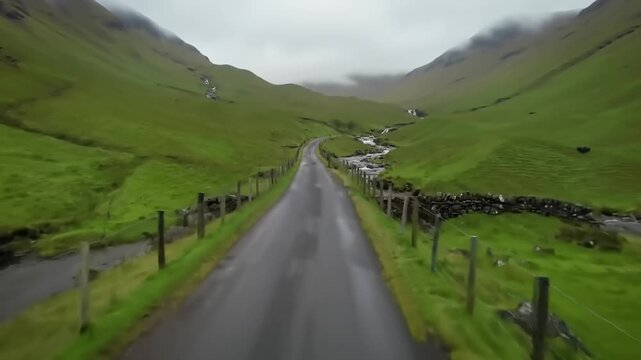 Winding road through lush green valley under overcast sky