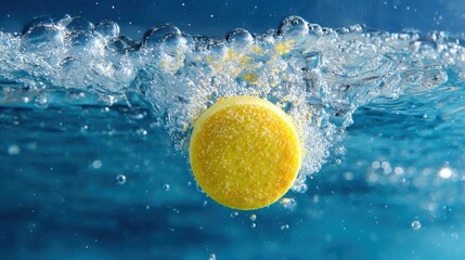 Effervescent tablet dissolving in water with bubbles and blue background.