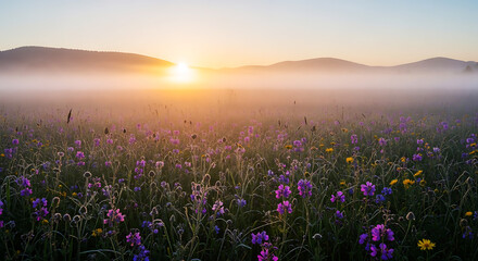 Obraz premium Sunrise over foggy field with purple and yellow flowers