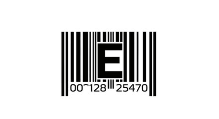 Barcode image concept with black stripes a capital E and product code isolated on white