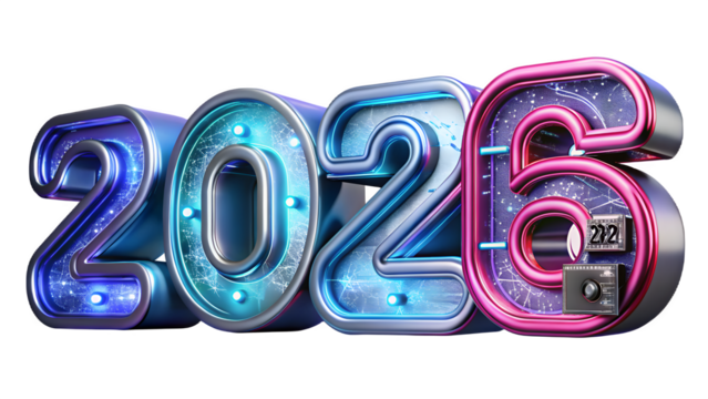 Futuristic metallic numbers 2026 with glowing neon lights and intricate circuit board patterns isolated on transparent background