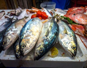Fresh Fish Display at Market Stall.