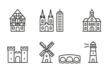 Obraz premium German Architecture Icons. Outline icon set of German architecture: half-timber house, cathedral spire, modern skyscraper, town hall, castle gate, windmill,