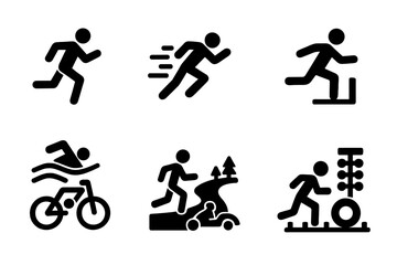 Naklejka premium Race Type Icons. Solid, filled icon set of race types: marathon, sprint, relay, hurdle, triathlon, cross-country, drag race, obstacle course. [Line icons in