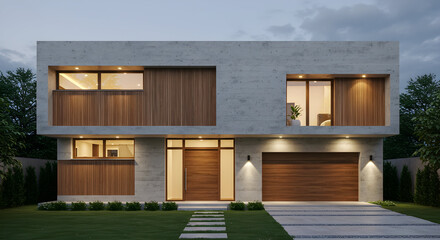 A modern home with a mix of smooth concrete and warm wood