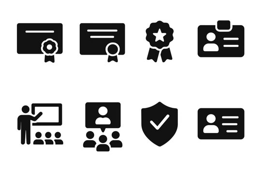 Advisor Qualification Icons. Solid, filled icon set of advisor qualifications: diploma, certificate, badge, ID card, training, workshop, accreditation,