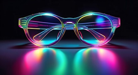 Vibrant transparent eyeglasses illuminated with a spectrum of colorful led lights creating a futuristic party atmosphere against a dark background with reflections