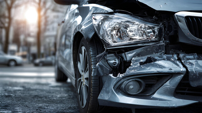 automovil chocado abollado por un accidente en la parte del frente auto siniestrado da&ntilde;o material por colision de autos en las calles de la ciudad 