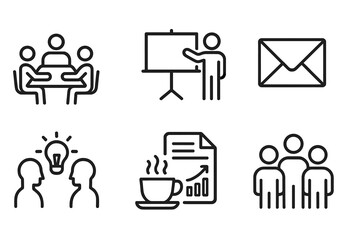 Office Activities Icons. Outline icon set of office activities: meeting, presentation, phone call, email, brainstorming, coffee break, report, teamwork. Line