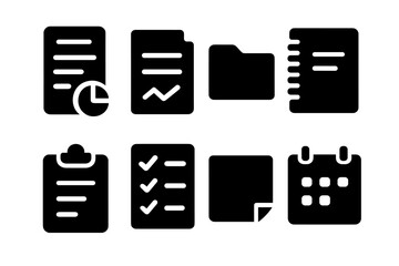 Office Document Icons. Solid, filled icon set of office documents: report, contract, folder, notebook, clipboard, checklist, sticky notes, calendar. [Solid,