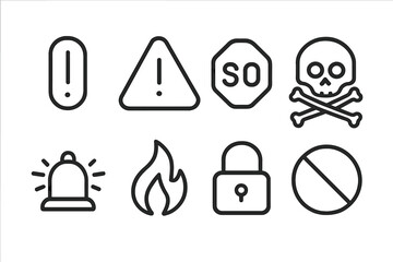 Safety Warning Icons. Outline icon set of intimidation warnings: exclamation mark, warning triangle, stop sign, skull and crossbones, alarm bell, fire symbol,