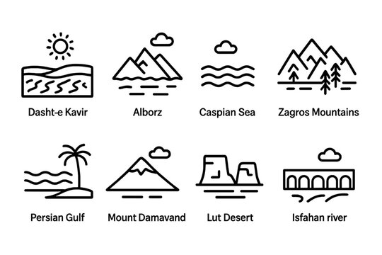 Iranian Landscape Icons. Outline icon set of Iranian landscapes: Dasht-e Kavir, Alborz Mountains, Caspian Sea, Zagros Mountains, Persian Gulf, Mount Damavand,