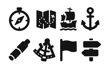 Ancient Navigation Icons. Solid, filled icon set of ancient navigation and exploration: compass, map, ship, anchor, telescope, sextant, flag, trail markers.