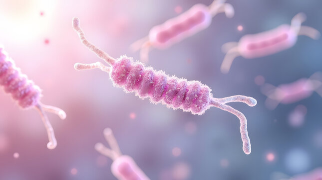 Colorful microscopic view of bacteria, emphasizing their spiral shape and intricate details.
