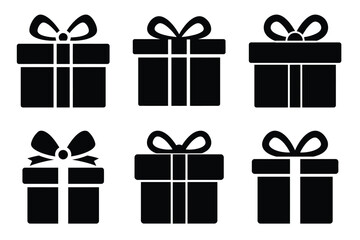 Gift box icon set, black isolated silhouette fill vector icons