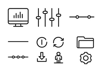Outline Icon Grid. Outline icon set of digital equalizer features: preset modes, custom settings, flat curve, bass boost, treble boost, midrange adjustment,