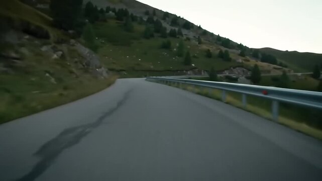 Winding road through mountain landscape at dusk aerial perspective