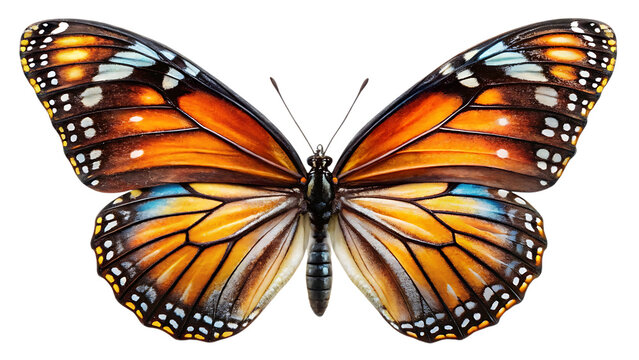 Closeup of a monarch butterfly with open wings isolated on transparent background