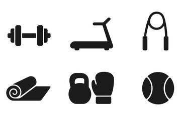 Training Equipment Icons. Solid, filled icon set of training equipment: dumbbell, treadmill, kettlebell, jump rope, yoga mat, resistance band, boxing gloves,