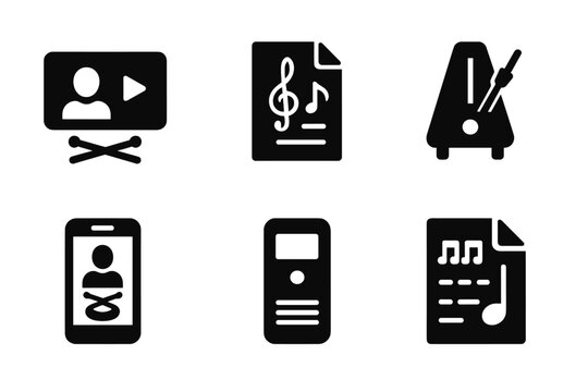 Practice Pad Tools Icons. Solid, filled icon set of practice pad teaching tools: video lessons, sheet music, metronome, drum machine, tutor app, recording