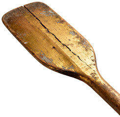 A weathered wooden paddle with peeling gold paint on a white background, transparent background png