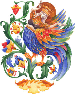 Watercolor girl in crown dancing mythical bird, stylized plants, medieval miniature inspired illustration.