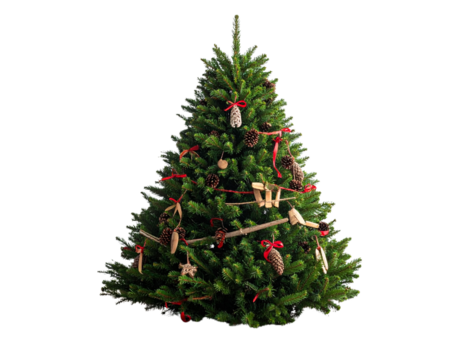 Rustic Christmas Tree with Wooden Ornaments and Red Ribbons on Wooden Floor, Warm Festive Mood.And transparent the background.