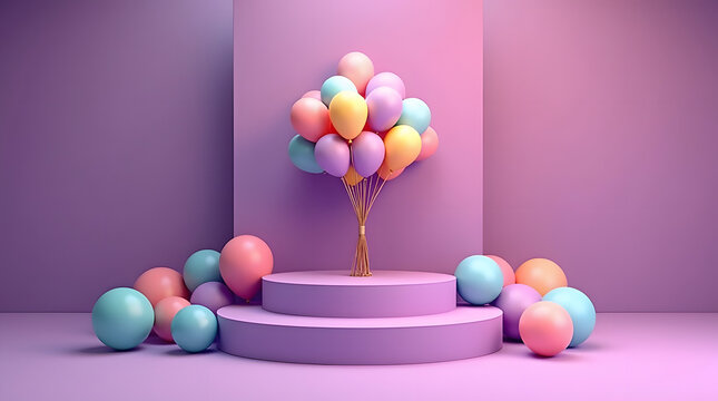 A vibrant arrangement of pastel balloons in various colors stands on a circular platform, creating a festive atmosphere.