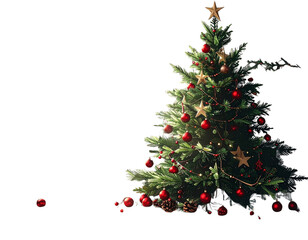 Rustic Pine Christmas Tree with Red and Wooden Ornaments, Warm Festive Atmosphere. And transparent the background.